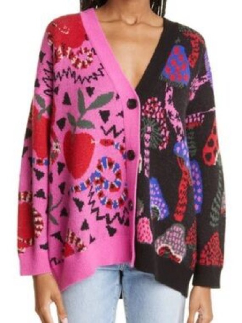 FARM Rio Pink & Black Colorblock Floral V‑Neck Cardigan